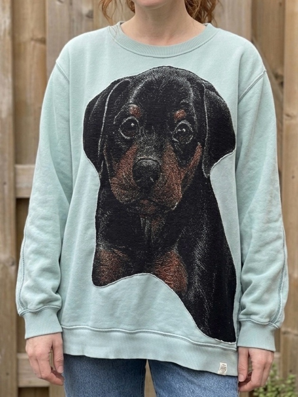 AUDIE’S ODDITIES Baby Rottweiler Woven Tapestry Upcycled Sweatshirt - Size S